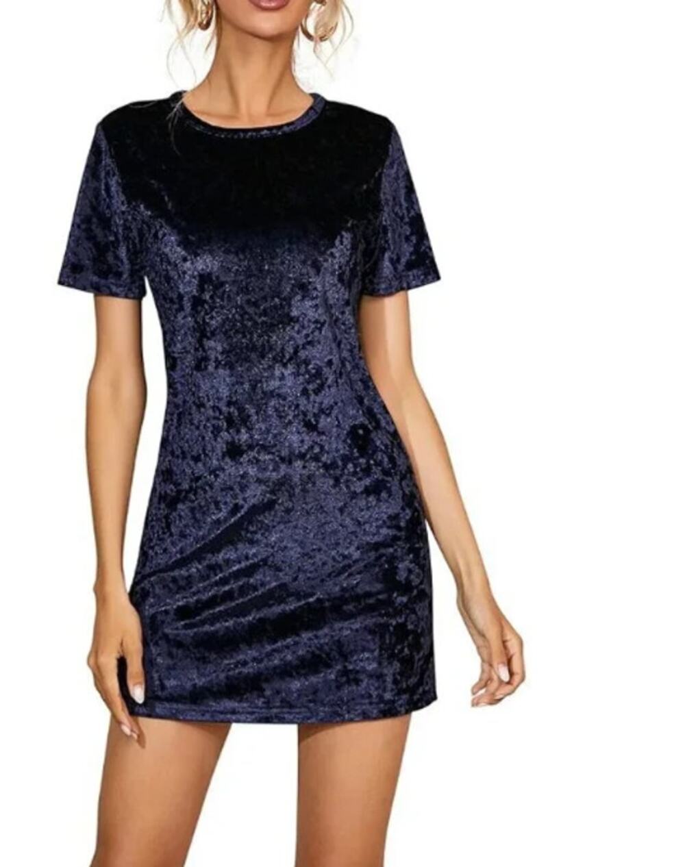 Casual Navy Blue Crushed Velvet T-Shirt Dress
